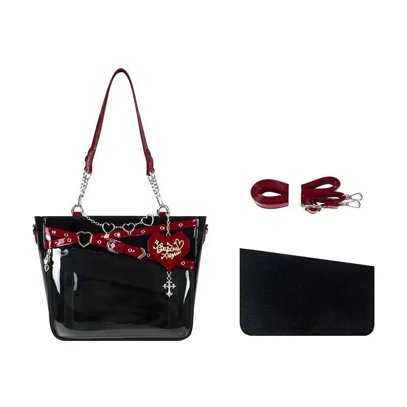 Y2k Aesthetic Underarm Ita Bag Streetwear Girl Transparent Shoulder Bag Heart Shape Chic Chain Handbag DIY Display Crossbody Bag