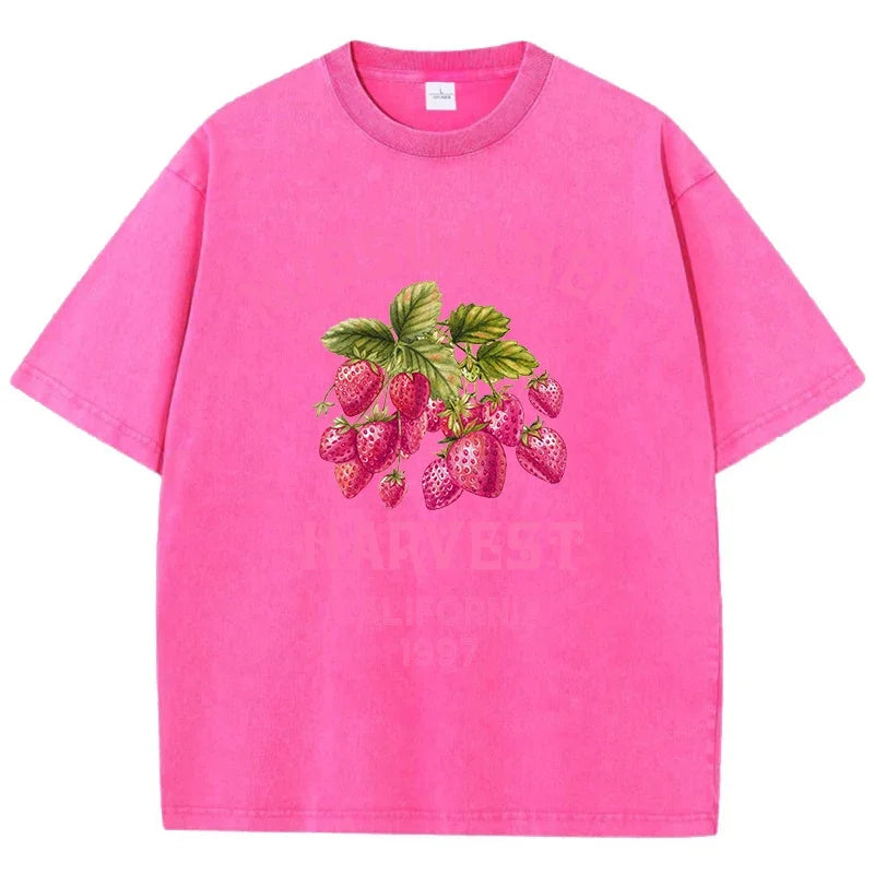 Men's Cotton T-shirt California Strawberry Printed Washed T-shirt Comfortable Round Neck Top Men's Summer Clothing