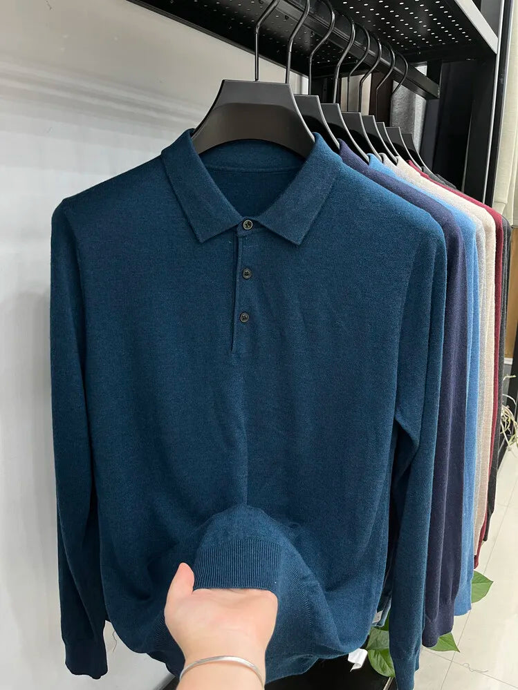 Men's Long Sleeve Fashion Casual Polo, Shirt Collar Pullover Sweater. Business Sweater T-shirt Golf Spring & Autumn Wool