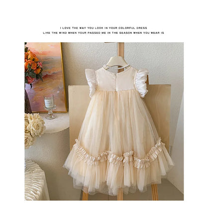 2025 Summer Dress for Girls with Flying Sleeves, Three-dimensional Flower Mesh Korean Version, Birthday Princess Fluffy Skirt