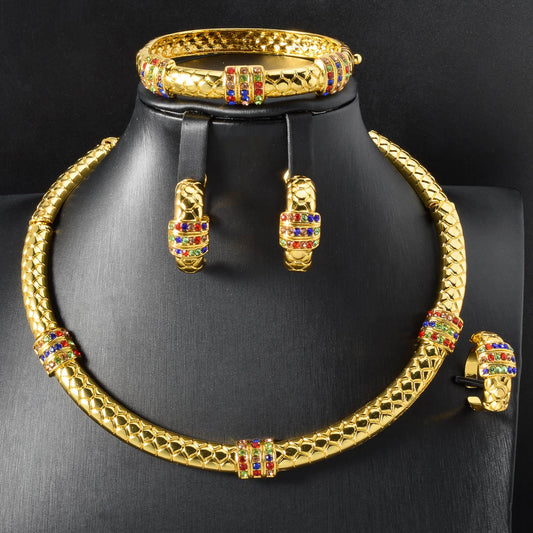 Luxury 18k Gold-Plated Women's Jewelry 4-Piece Round Necklace Bracelet Earrings Ring Gold Classic Dubai Wedding Gift
