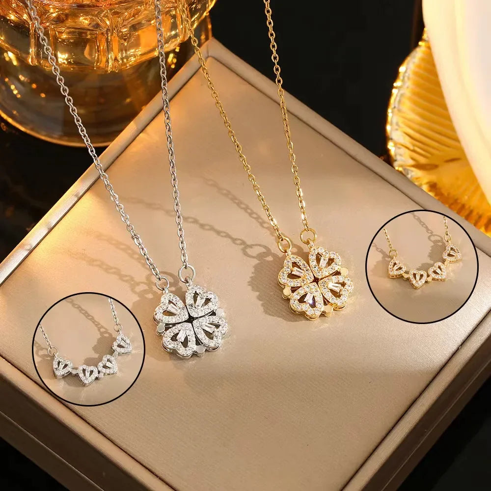 Transform Luxury Four Leaf Clover Pendant Necklace  Stainless Steel Crystal Gold Color Heart Jewelry for Women Gift