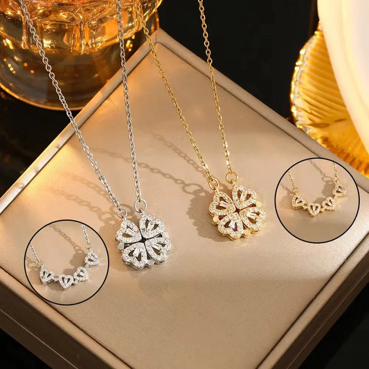 Transform Luxury Four Leaf Clover Pendant Necklace  Stainless Steel Crystal Gold Color Heart Jewelry for Women Gift