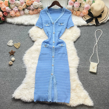 Fashion Sexy Package Hips Knitted Dress Women V-neck Single-breasted Bodycon Sweater Dress Office Lady Vestidos