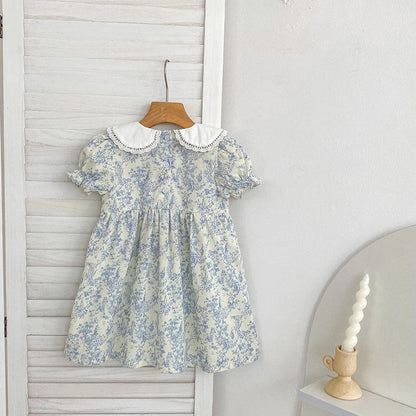 2026 Novo Vestido de Verão para Meninas Crianças 2-6 Anos Vestido de Manga Curta Bufante Estampa Floral Gola Franzida Algodão Doce