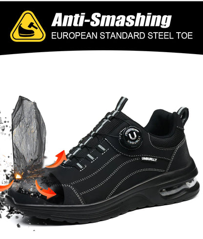 Men's Safety Work Boots Steel Toe Puncture Resistant Kevlar Midsole Air Cushion Black Button Style Industrial Construction Shoes