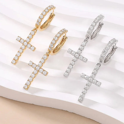 Moissanite Cross Drop Pedant Earrings for Women S925 Sterling Silver Diamond Hoop Earrings 18K Gold Plated Fine Jewelry