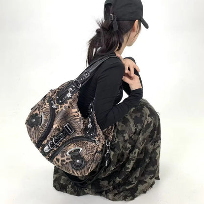 Y2K vintage hot girl personality leopard print shoulder bag with multiple compartments, Maillard crossbody handbag