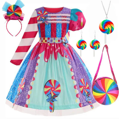 New Sweet Lollipop Candy Girl Dress Carnival Party Little Kids Birthday Costume Fancy Rainbow Tutu Children Wedding Clothes