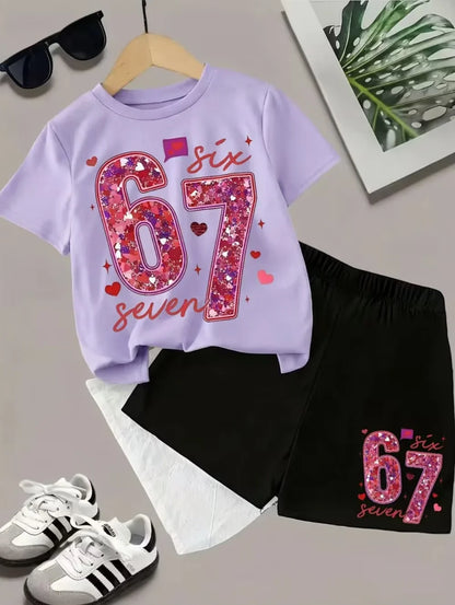 2026 New Cool 67 Funny Printed Kids T-Shirt Shorts Sports Set Fashion Children's Clothes Casual Boy Girl Short Sleeve Shorts Set