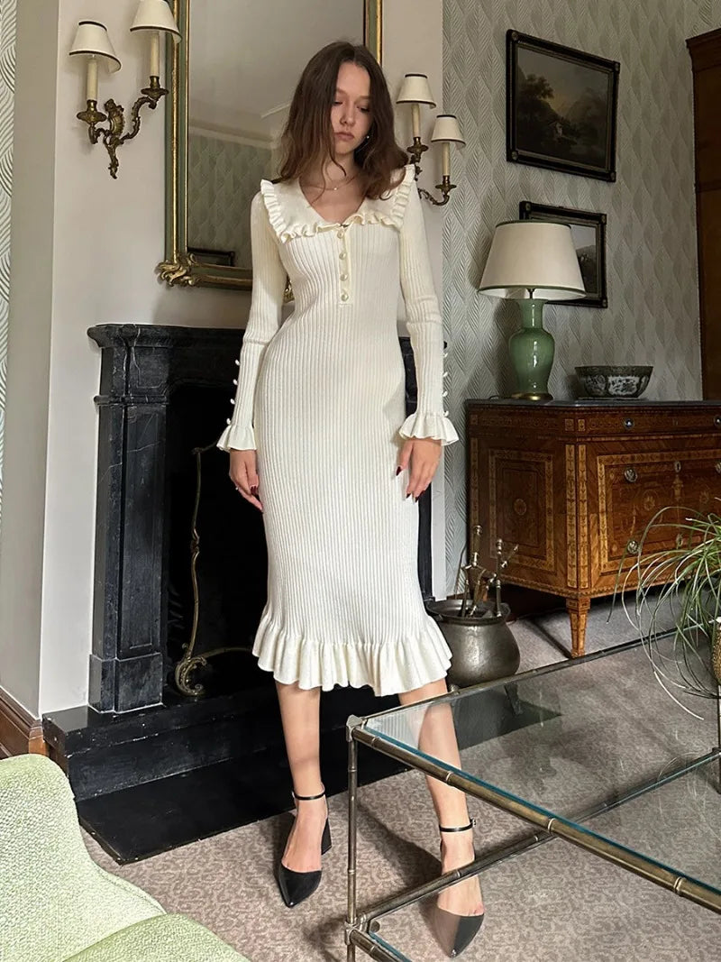 High Waist Ruffled Maxi Dresses For Women Autumn Winter Knitted Slim Long Dress Women's Vintage Dress Woman Retro Elegant
