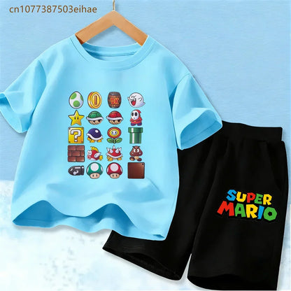 Summer Casual Kids Clothing Set Mario Cartoon Print Pure Cotton Short Sleeve Tee And Shorts 2PCS Wear For Boys Girls