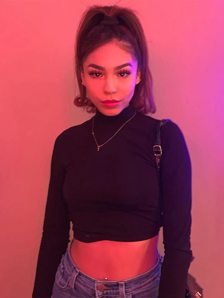 blusa feminina de algodão vazada sexy, tops de manga longa sem costas com atadura, Harajuku, justa, streetwear, camisetas de malha