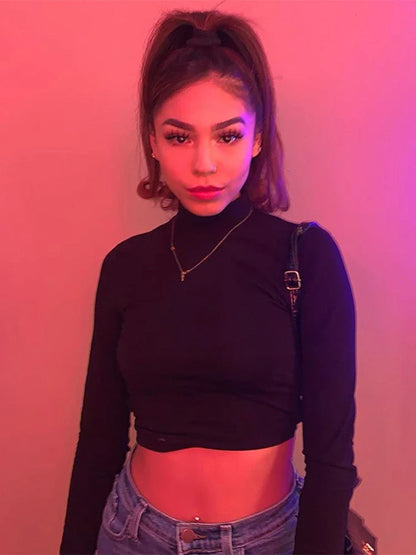 blusa feminina de algodão vazada sexy, tops de manga longa sem costas com atadura, Harajuku, justa, streetwear, camisetas de malha