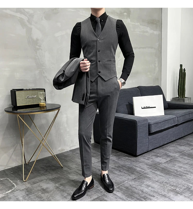 ( Blazer + Vest + Pants ) Boutique Fashion Solid Color Men's Slim Casual Business Suit Three-piece Set Groom Wedding Dress Party