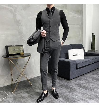 ( Blazer + Vest + Pants ) Boutique Fashion Solid Color Men's Slim Casual Business Suit Three-piece Set Groom Wedding Dress Party