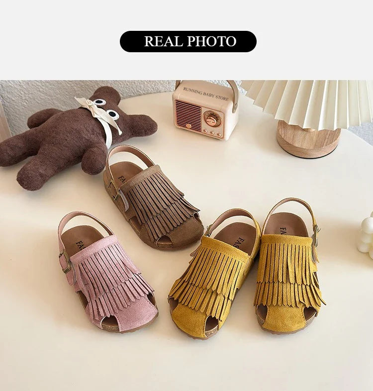 Summer Peep Toe Tassel Children Shoes Girls Sandals Soft Bottom Flat Heel Buckle Girl's Shoes Back Strape Slingbacks Shoe I05285