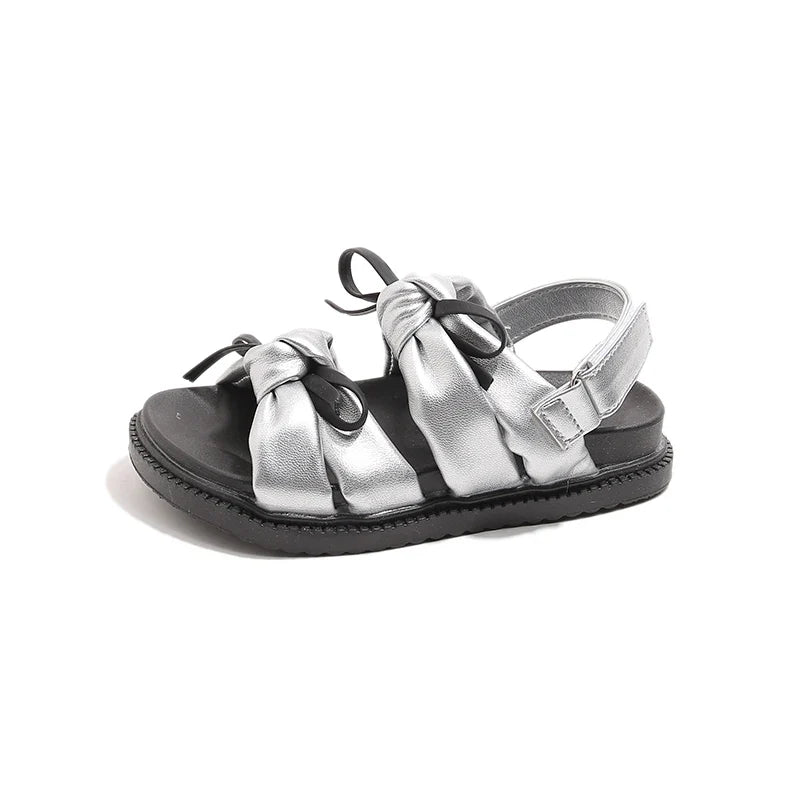 2026 Summer Girls Princess Sandals with Double Bow-knots Soft Fashion Classic Kids Summer Beach Shoes Open Toes Sweet Anti-skid