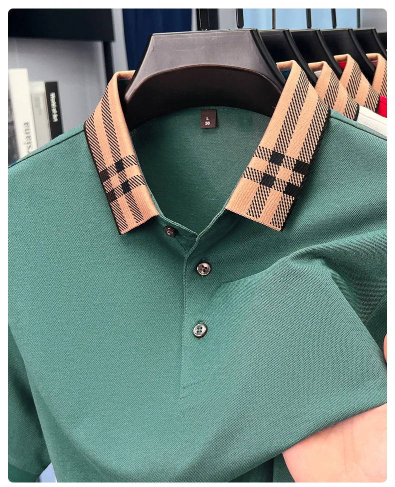 Fashion brand plaid lapel short sleeve polo shirt men summer new style simple solid color high-end business casual golf T-shirt