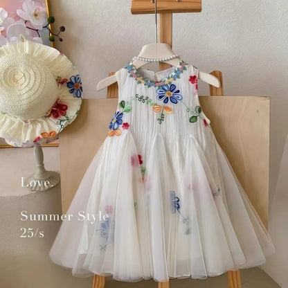 Summer Sweet and Cute Princess Girls Dresses Color Blocked Mesh Sleeveless Wedding Party Bridesmaids Children Dress