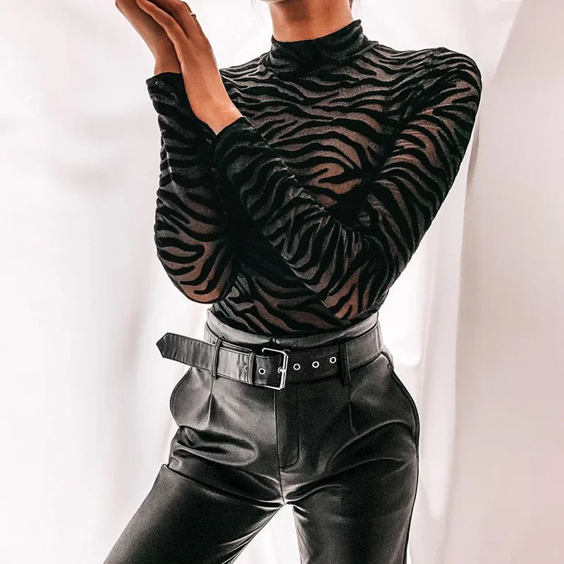 Black Striped Sexy Bodysuit Lingerie See Through Mesh Body Feminino Long Sleeve One-pieces Bustier Turtleneck Corset Tops Women