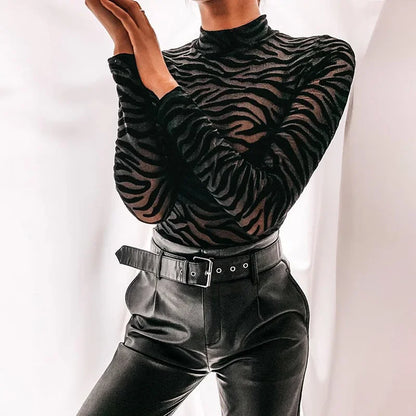 Black Striped Sexy Bodysuit Lingerie See Through Mesh Body Feminino Long Sleeve One-pieces Bustier Turtleneck Corset Tops Women