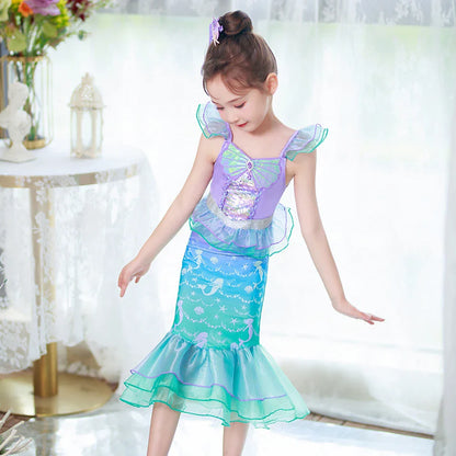 Ariel Cosplay Princess Costume Kids Cartoon Printed Dress Girls Halloween Children Carnival Birthday Party Clothes