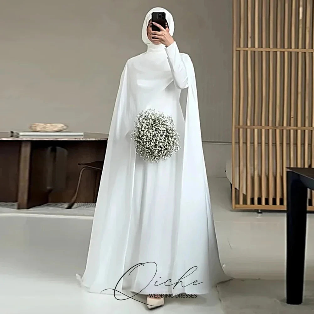 Modest White Muslim Wedding Dresses with Cape Customized Bride Dress Elegant Long Sleeves Woman Bride Civil Bridal Gowns