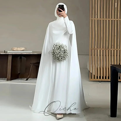 Modest White Muslim Wedding Dresses with Cape Customized Bride Dress Elegant Long Sleeves Woman Bride Civil Bridal Gowns