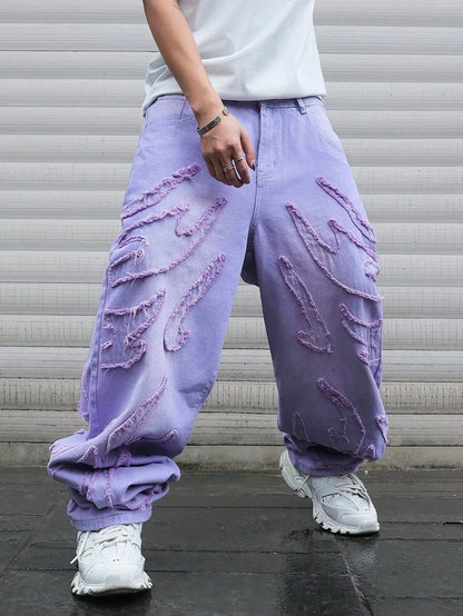 High - street style purple distressed frayed jeans for men, loose, trendy street hip - hop wide - leg pants