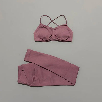 2 Piece Vision Sports Set Summer New Yoga Clothes Women Tracksuit Athletic Cross Backless Yoga Top Leggings Pilates Fitness Set