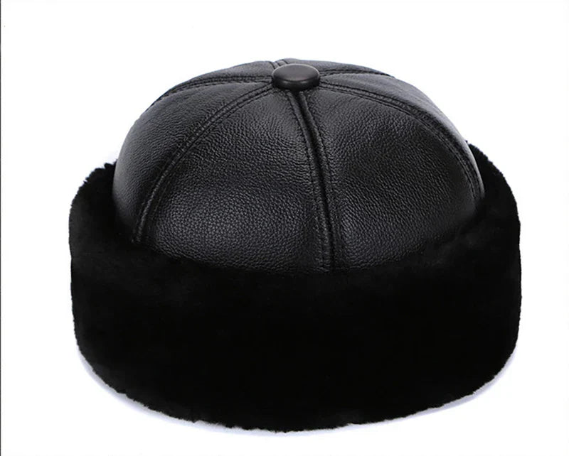 Retro Cowhide Bomber Hat Winter Keep Warm Caps Men Women Real Leather Cap Thick Velvet Dad Hat Leather Hat