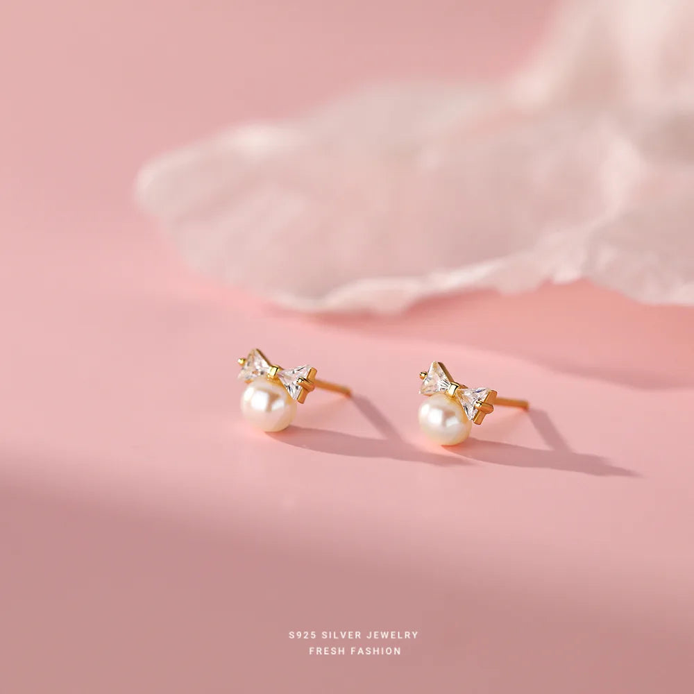 Korea Exquisite Vintage Zircon Pearl Bow Sweet Stud Earrings for Women 925 Sterling Silver Jewelry