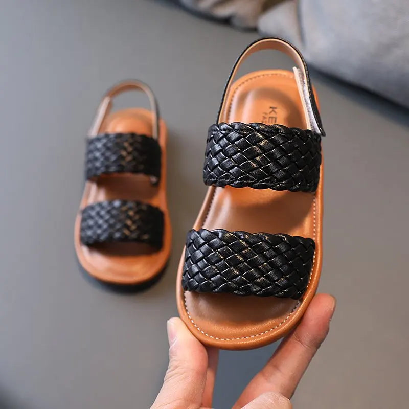 Kids Sandals for Girls 2026 Summer Girls Weave Design Sandals Children Beach Shoes Open Toes Flat Anti-skid Rubber Ankle Strap