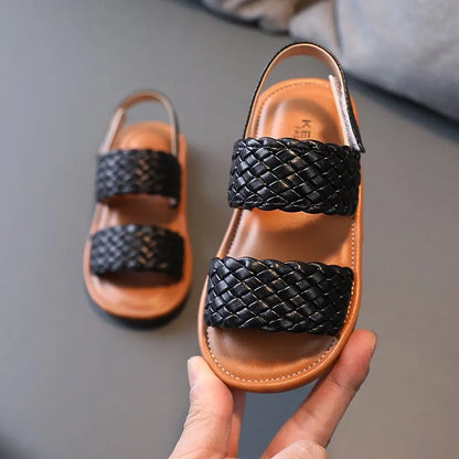 Kids Sandals for Girls 2026 Summer Girls Weave Design Sandals Children Beach Shoes Open Toes Flat Anti-skid Rubber Ankle Strap