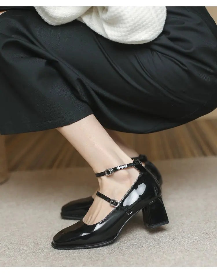 2024 New Mary Jane Shoes High Quality Leather Shoes Shallow Square Toe Womens Sandals Buckle Strap Women's Pumps