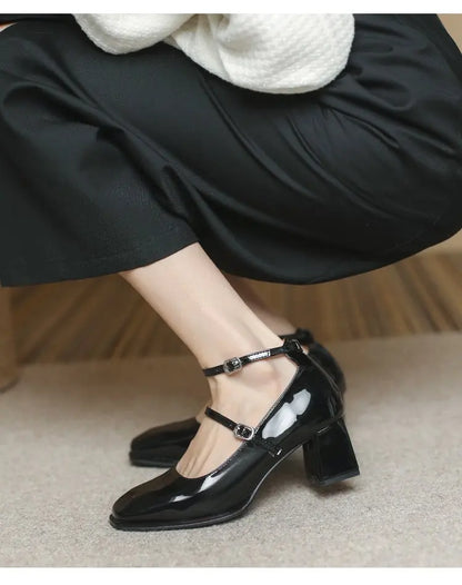 2024 New Mary Jane Shoes High Quality Leather Shoes Shallow Square Toe Womens Sandals Buckle Strap Women's Pumps