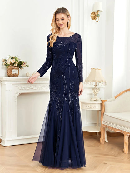 Elegant Long Sleeves Sequin Tulle Evening Dresses 2025 Women Luxury Mermaid Formal Bridesmaid Party Maxi Prom Dress