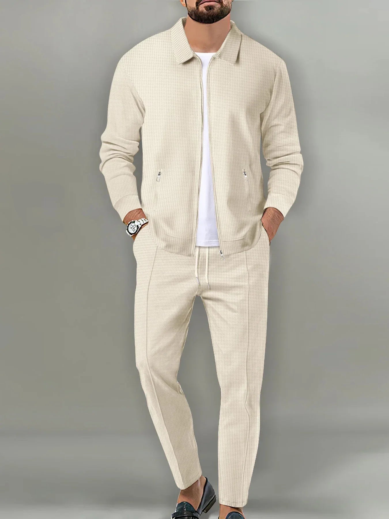 Men's Casual Solid Color Zipper Jacket and Pants Suit - Breathable Polyester Fiber for Spring/Autumn