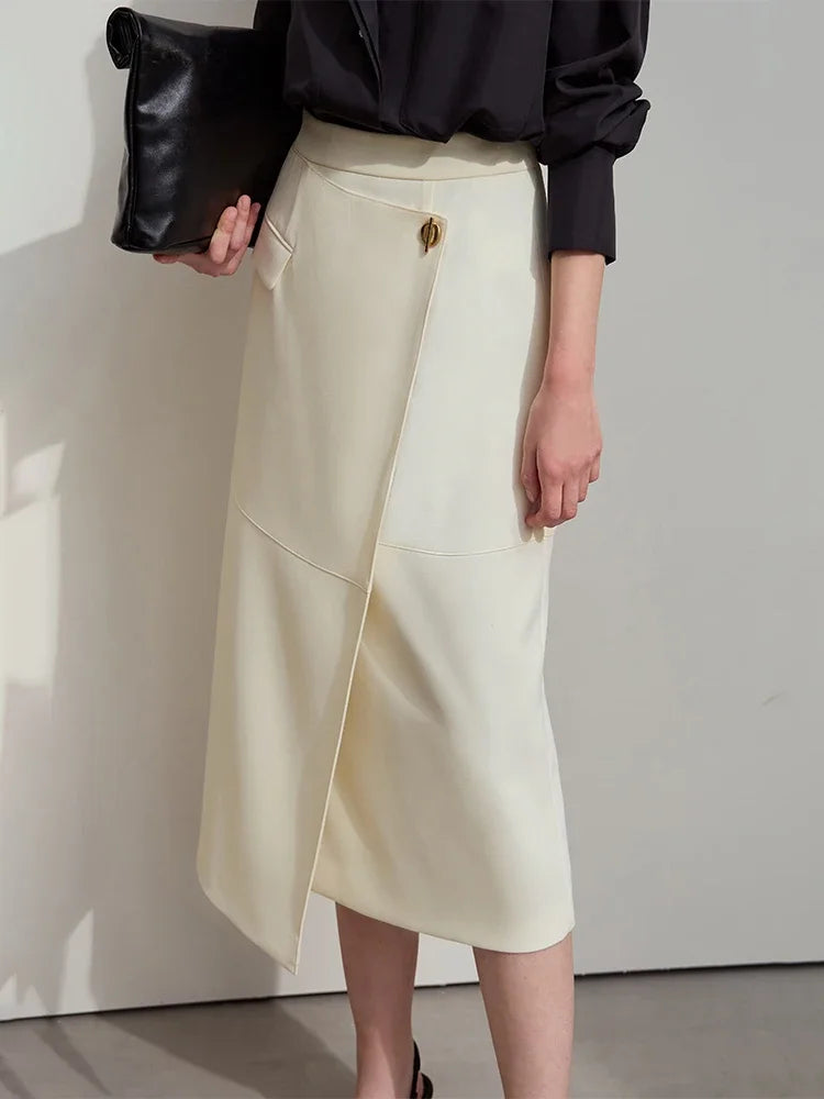 Minimalist 2025 Autumn Midi Skirts Women Commute Elegant Office Lady Versatile Asymmetrical Drape Straight Skirt 12521006