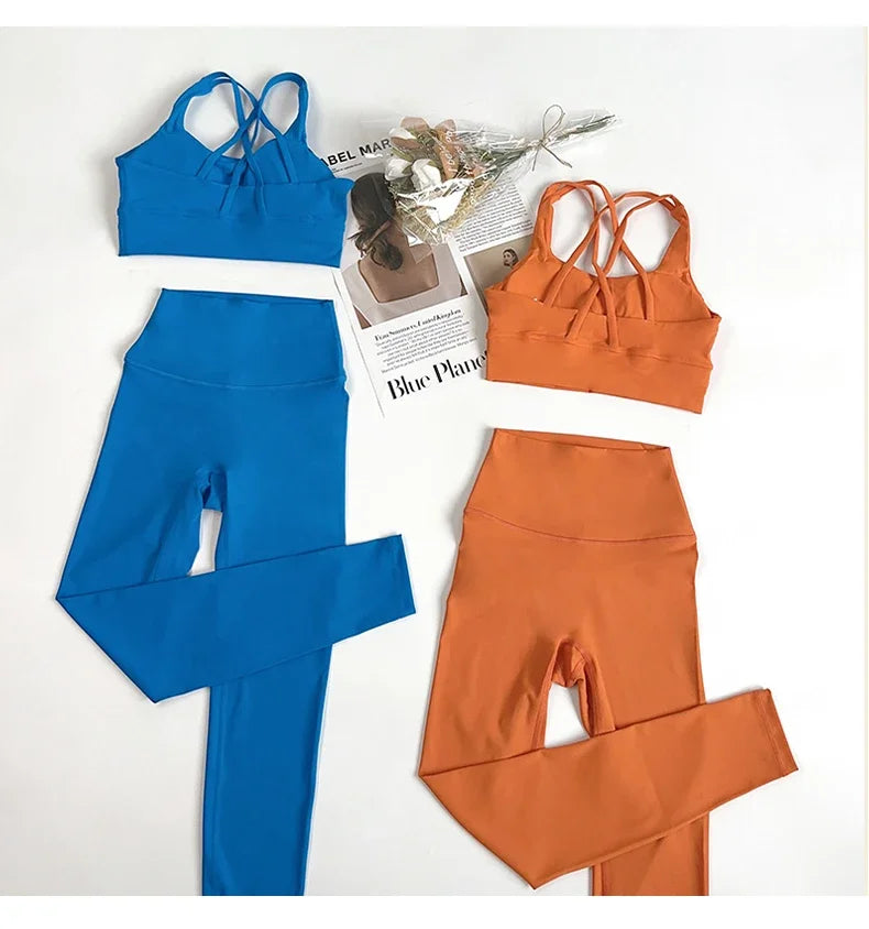 2 Pieces Yoga Set Women Gym Set Workout Clothes Sports Suits High Waist Leggings Cross Straps Fitness Bra Running Tracksuit👚👍️