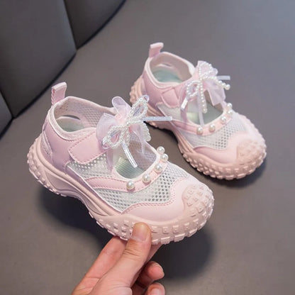 Girls Sports Sandals Sweet Lace Bows Beading Kids Casual Shoes Mesh Breathable Soft 2026 Summer New Children Princess Sandals