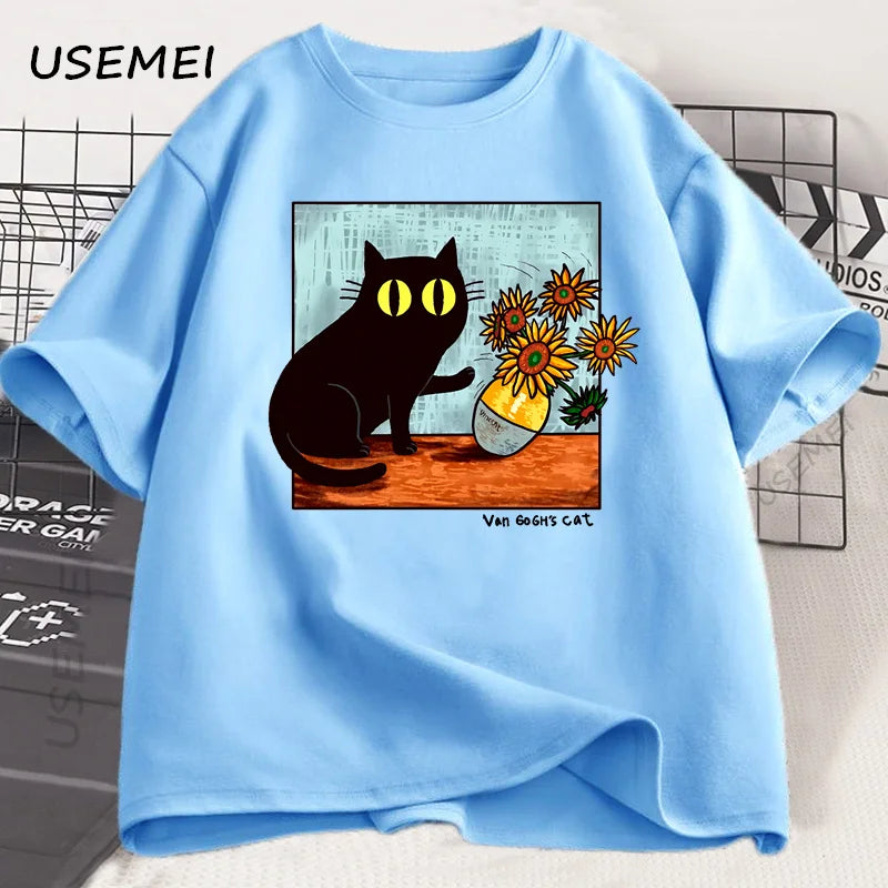 T Shirts Men Women Flower Black Cat T-shirt Round Neck Cotton Short Sleeve Trendy Tee Shirt Streetwear