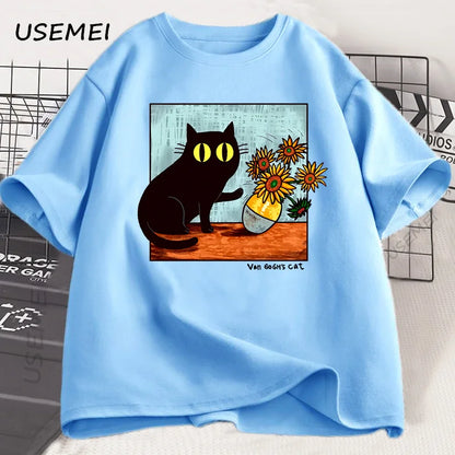 T Shirts Men Women Flower Black Cat T-shirt Round Neck Cotton Short Sleeve Trendy Tee Shirt Streetwear