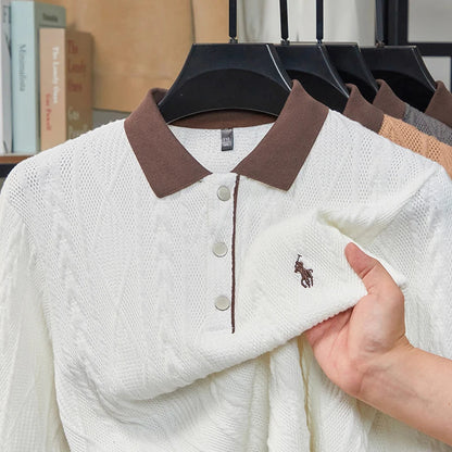 Men's Autumn and Winter Light Luxury 100% Cotton Men's Embroidered Knitted T-shirt Casual Business Sweater Polo Shirt