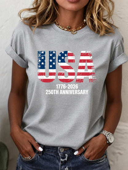 Women's 250th Anniversary 1776-2026 T-Shirt USA American Flag Print 4th of July Patriotic Casual Short Sleeve Tops