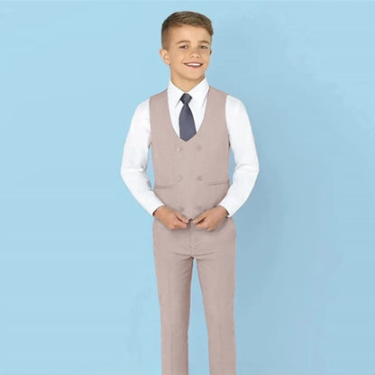 Fast Ship New Year Celebration Beige Tone Boys Suit Set Including Blazer Pants 4PCS Kids Tuxedo Set From 3 to 14 Years Outfit