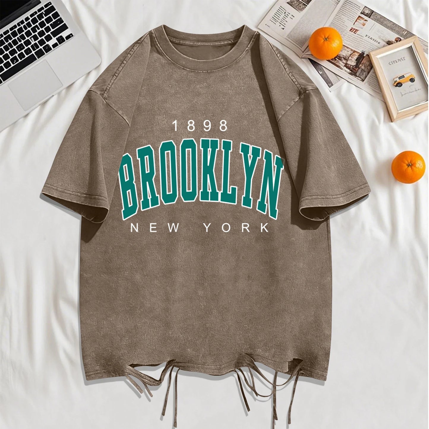 1898 Brooklyn New York Print Washed Holes T-Shirts Men Summer T-Shirt Breathable Fashion Clothing Mans Casual Cotton Streetwear