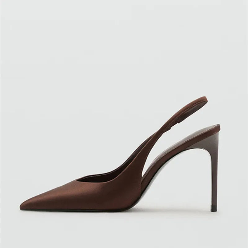 Brown Satin Slingback Women Pumps Sexy Pointed Toe Stiletto High Heels for Ladies Elegant Dress Shoes Comfortable Office Shoes