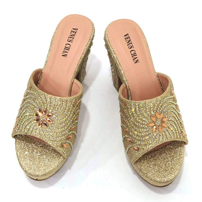 The Latest Italian Design Rotary Rhine-Diamond Floral Thick Heel Platform Women's Comfortable Shoes Bag and Shoe Set